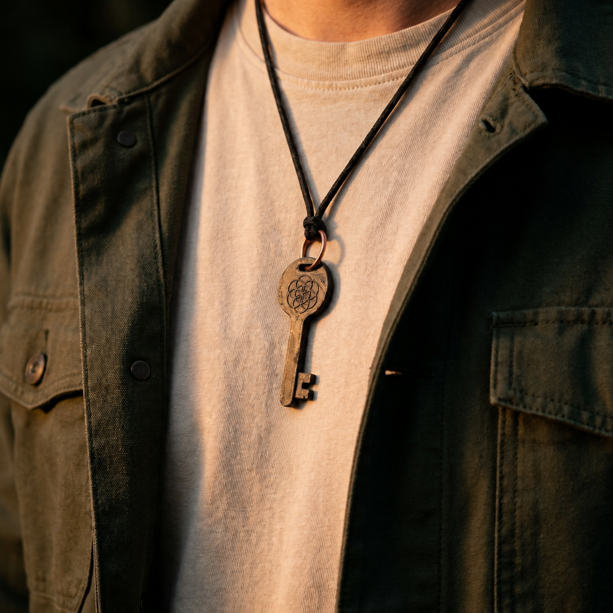 A man wearing the Eden Key on a cord over a bone t-shirt