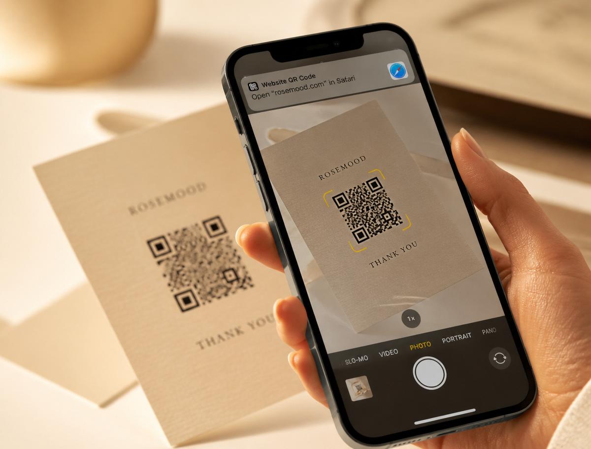 A phone scanning a QR code on warm cream card stock