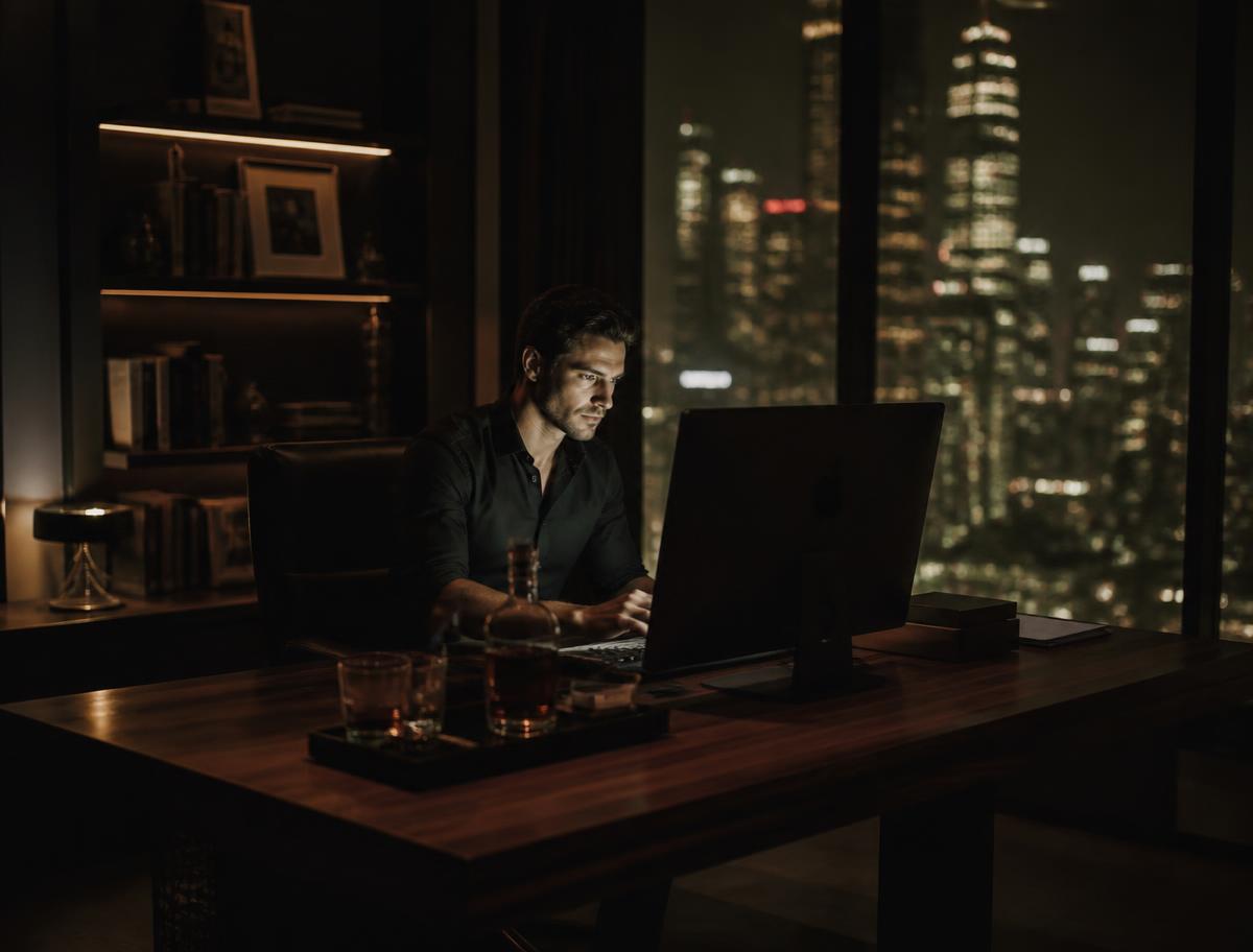 A focused creator working late at a desk in a dark luxury high-rise, city lights beyond the window
