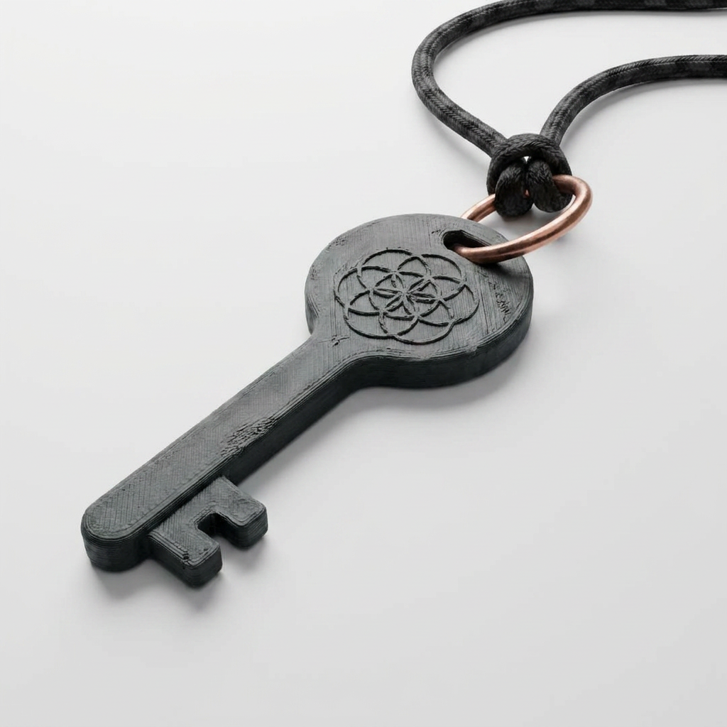 The Eden Key — a cast key pendant engraved with the Seed of Life on a woven cord