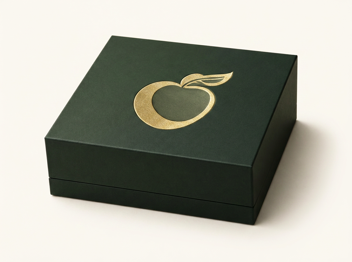 The closed Eden box at a three-quarter angle with the gold foil apple mark on the lid