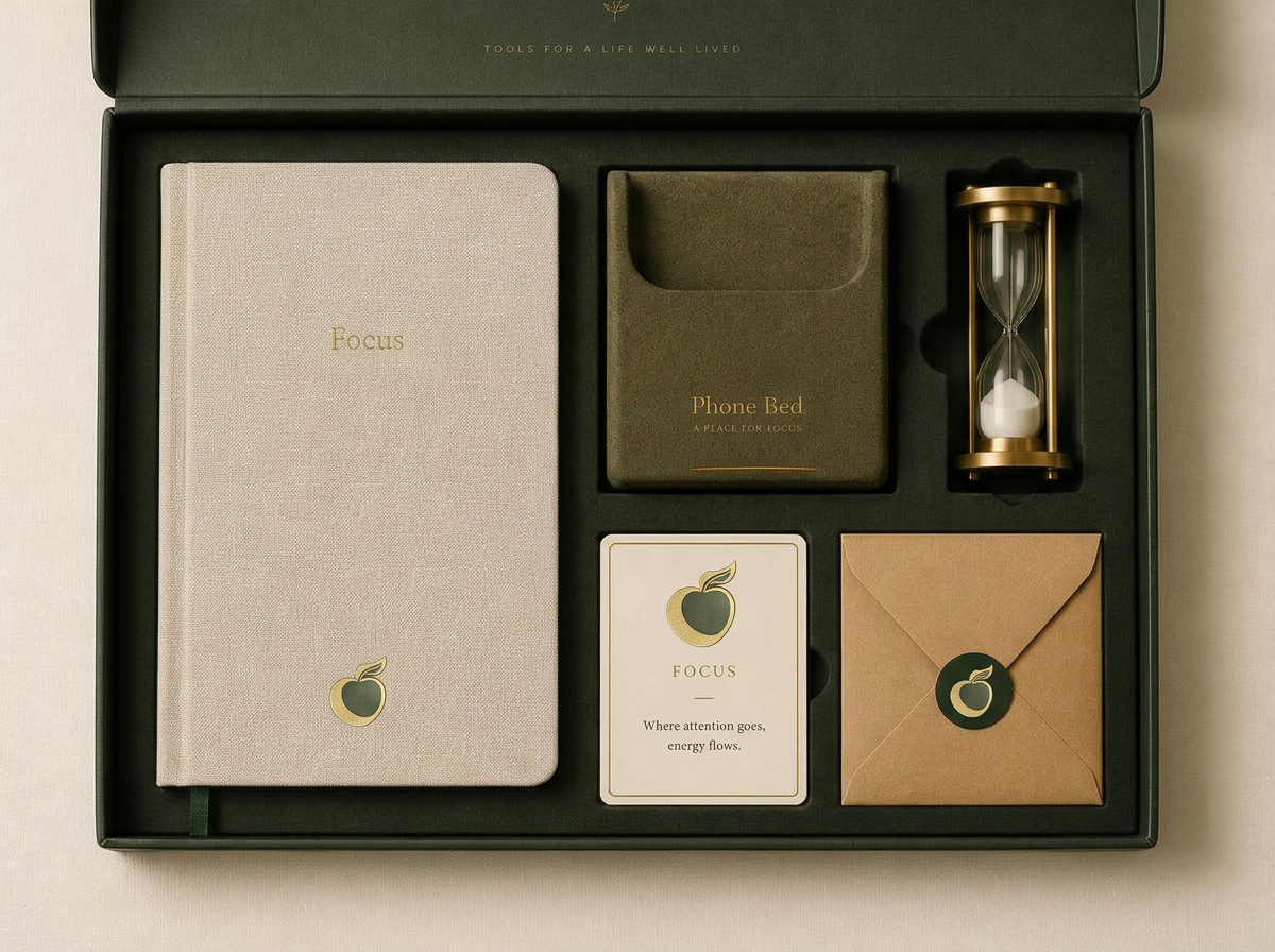 Top-down view of the Eden box tray with the journal, phone bed, hourglass, focus card and envelope