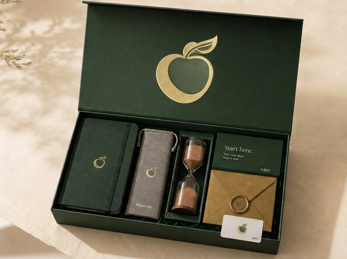 The Eden Box open, showing the journal, phone bed, hourglass, instruction card, golden envelope, and Eden Card
